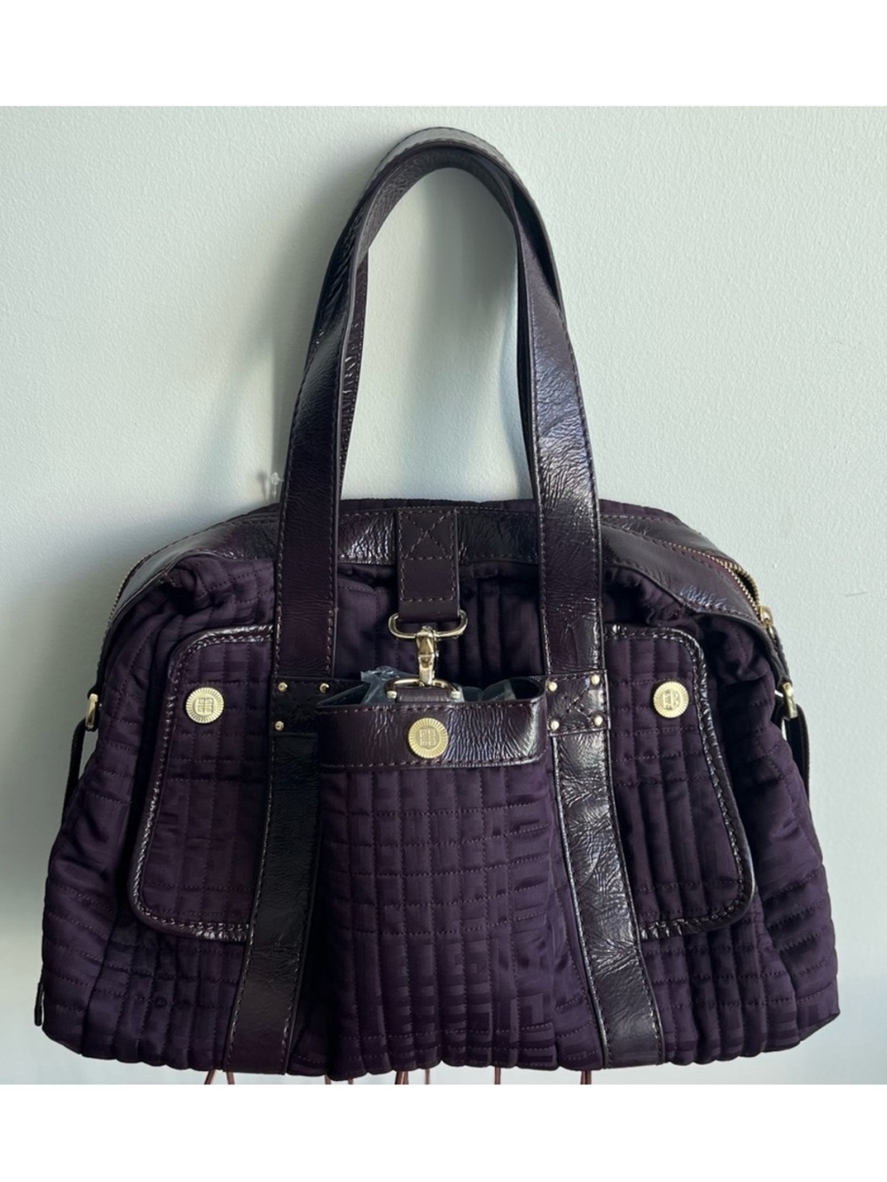 Givenchy Purple Patent Leather Nylon Quilted Tote Bag Zip Logo Gold Buckle Purse